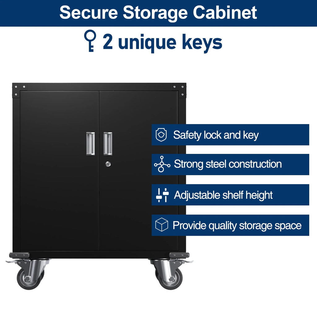 Aobabo Metal Storage Cabinet with Lock, Garage Storage Cabinet with Wheels, 72in Steel Storage Cabinet for Garage Home Storage, Black Required - Assembly