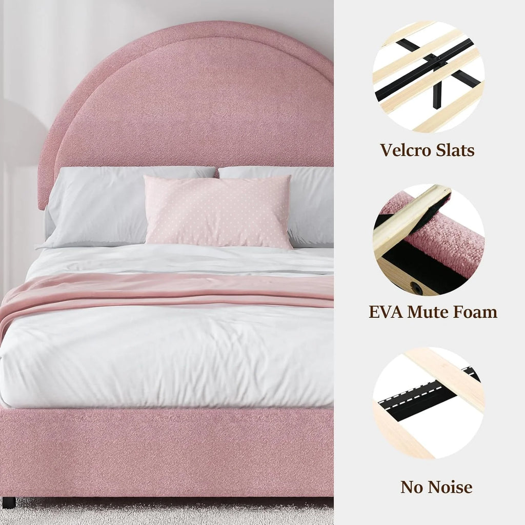 4 EVER WINNER Queen Size Bed Frame, Boucle Upholstered Bed Frame with Headboard, White Queen Bed Frame, White