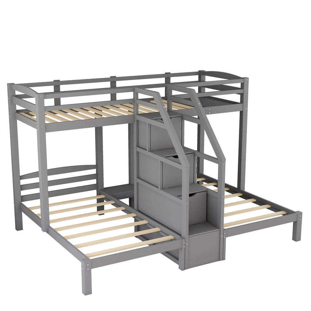EUROCO Twin Over Twin & Twin Bunk Bed with Staircase and Drawers for Kids Bedroom, 3 - in - 1 Bunk for More Kids, Storage Staircase, Gray