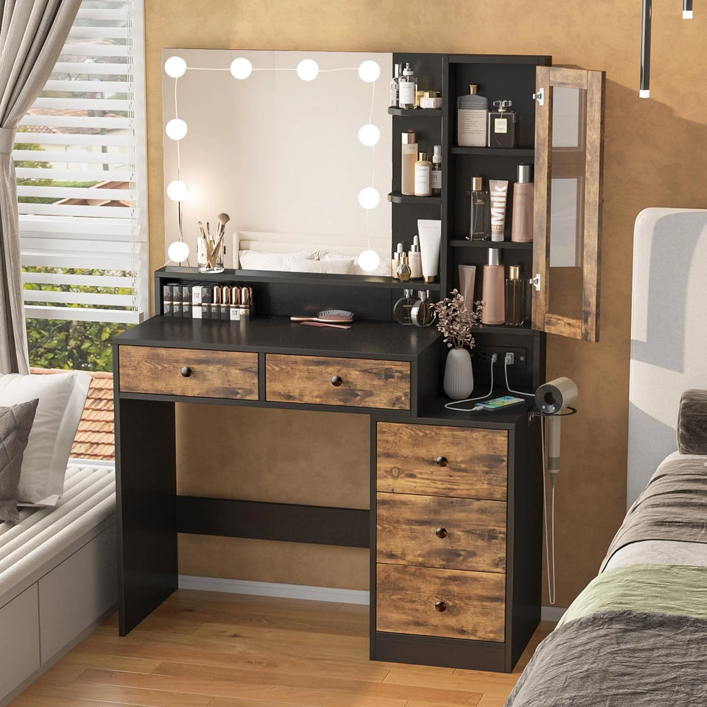 VEANERWOOD Makeup Vanity Desk with Lighted Mirror and Power Strip, Modern Vanity Table with 5 Drawers, White