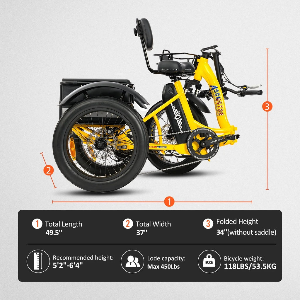 Addmotor Electric Trike, 750W Foldable Electric Tricycle, Folding Electric Trike for Adults, 48V 20ah Removable Battery, 20" Fat Tire Electric Trikes with Rear Speed Differential, M - 330F Yellow
