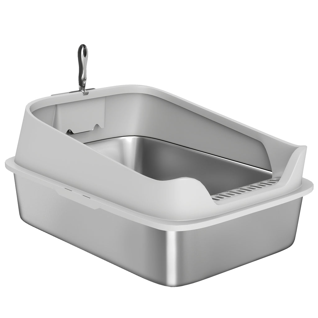 PawHut Katzentoilette aus Edelstahl XXL mit hohem Rand und leicht zu reinigender Schaufel Auslaufschutz 70x50x30 cm Grau
