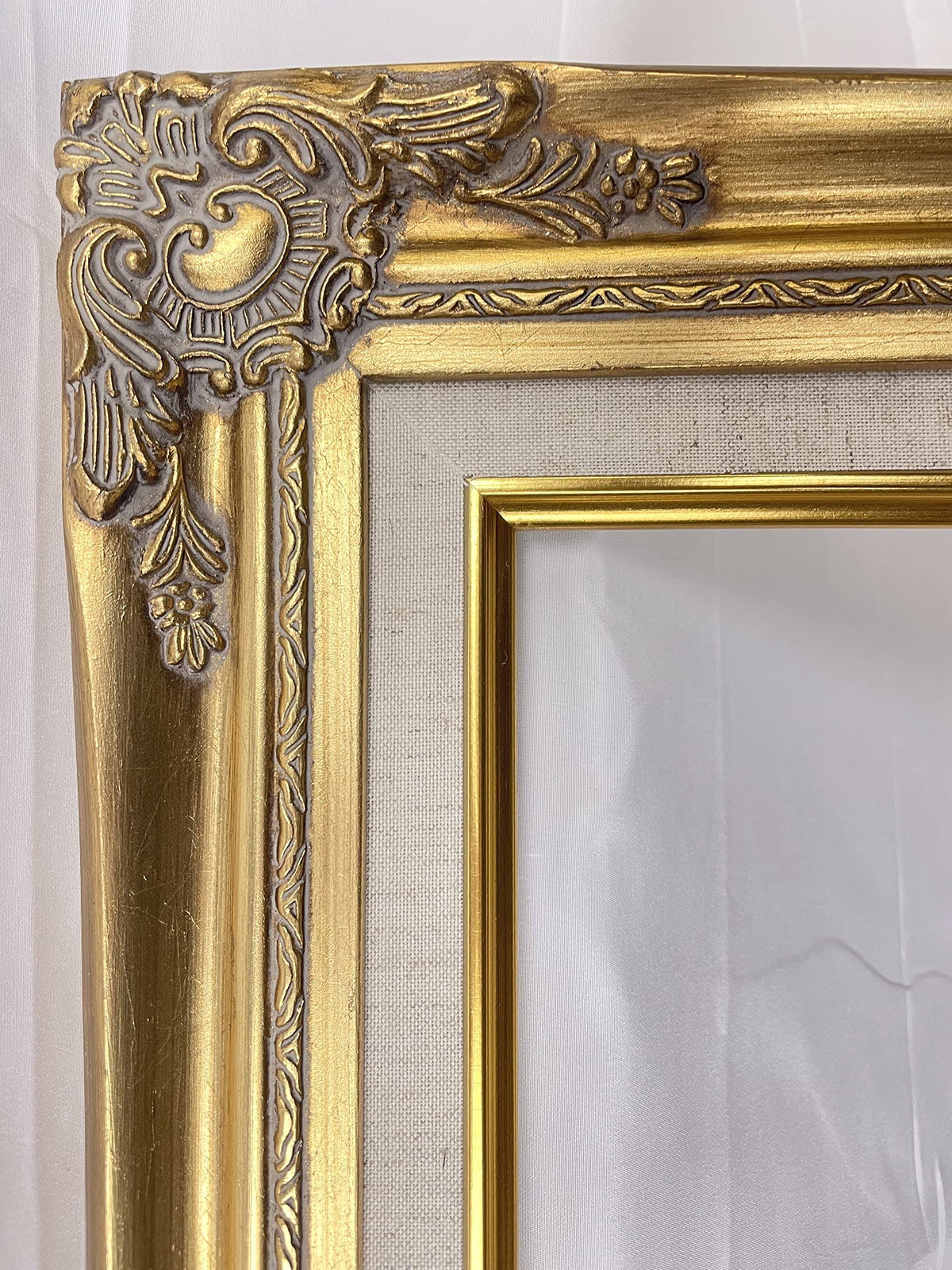 TP Picture Frame (No Glass and Backing)- Classic Gold Ornate Wood/Gesso with Cream Linen Liner, Antique/Vintage Style, Shabby Chic, Baroque Museum