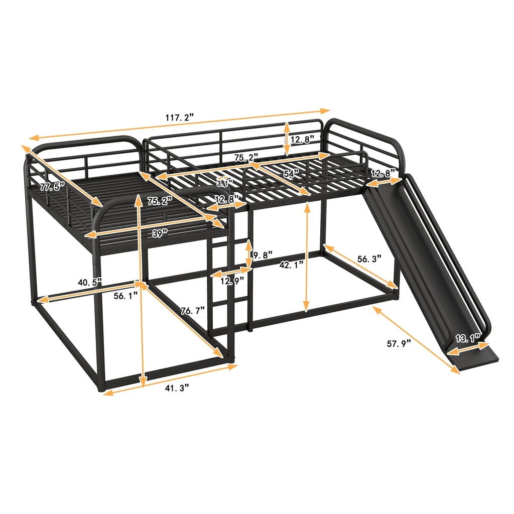 Full and Twin Size L - Shaped Quadruple Metal Bunk Bed with Slide for Kids, Black