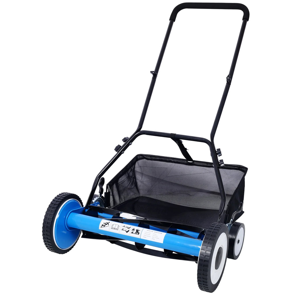 20 - Inch 5 - Blade Push Reel Lawn Mower with Grass Catcher 4 WHEELS BLUE COLOR