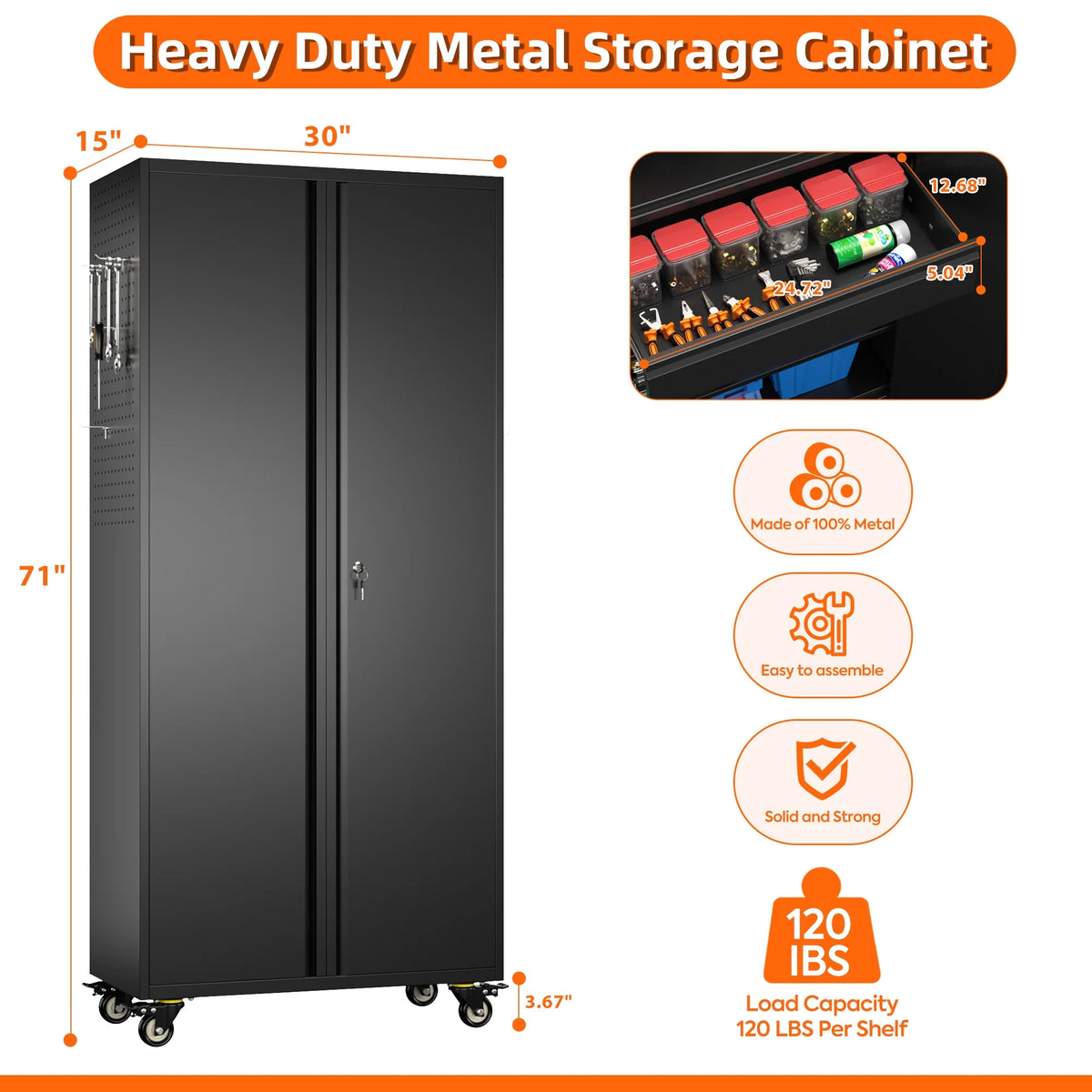 Aobabo Metal Storage Cabinet with Lock, Garage Storage Cabinet with Wheels, 72in Steel Storage Cabinet for Garage Home Storage, Black Required - Assembly