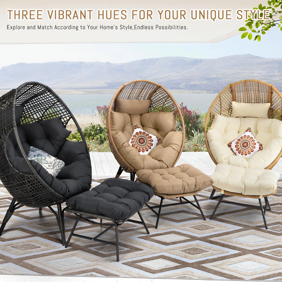 RADIATA 440 lb Outdoor Egg Chair with Foot Rest & Ottoman, Wicker Patio Egg Chair for Indoor or Garden, Beige