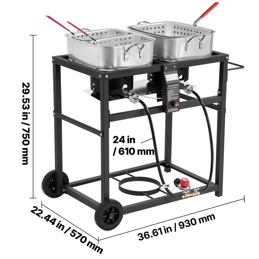 KFFKFF Outdoor Propane Deep Fryer, Dual - Tank 18QT x 2 Commercial Fryer, Portable Frying Cart with Wheels, 3 Baskets, 2 Thermometers, Stainless Steel Cooker for Fish, Wings, and Fries, 40, 000 BTU