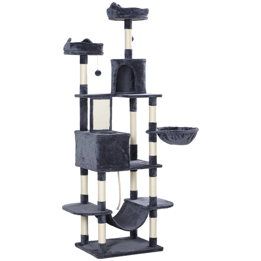 PawHut Kratzbaum 206 cm Katzenturm mit Höhle, 2 Spielballen, Sisalstämme, Plattform für große Katzen, Dunkelgrau