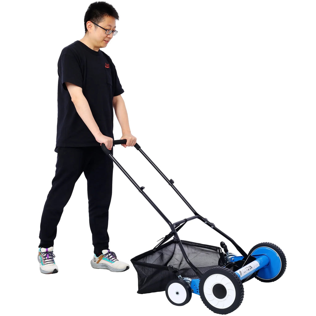 20 - Inch 5 - Blade Push Reel Lawn Mower with Grass Catcher 4 WHEELS BLUE COLOR