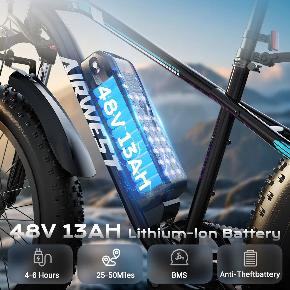 AIRWEST Electric Bike for Adults, Peak 750W Ebikes for Men Women26" Fat Tire Electric Bicycle with 48V 624wh Removable Battery25mph 60miles 7 Speed, Front Suspension Electric Mountain Bike