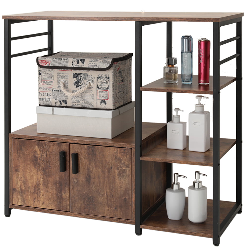 Kitchen Baker's Rack with Storage and 8 Hooks. 4 Tier Microwave Stand with Cabinet. Coffee Bar Station for Small Space. Rustic Brown