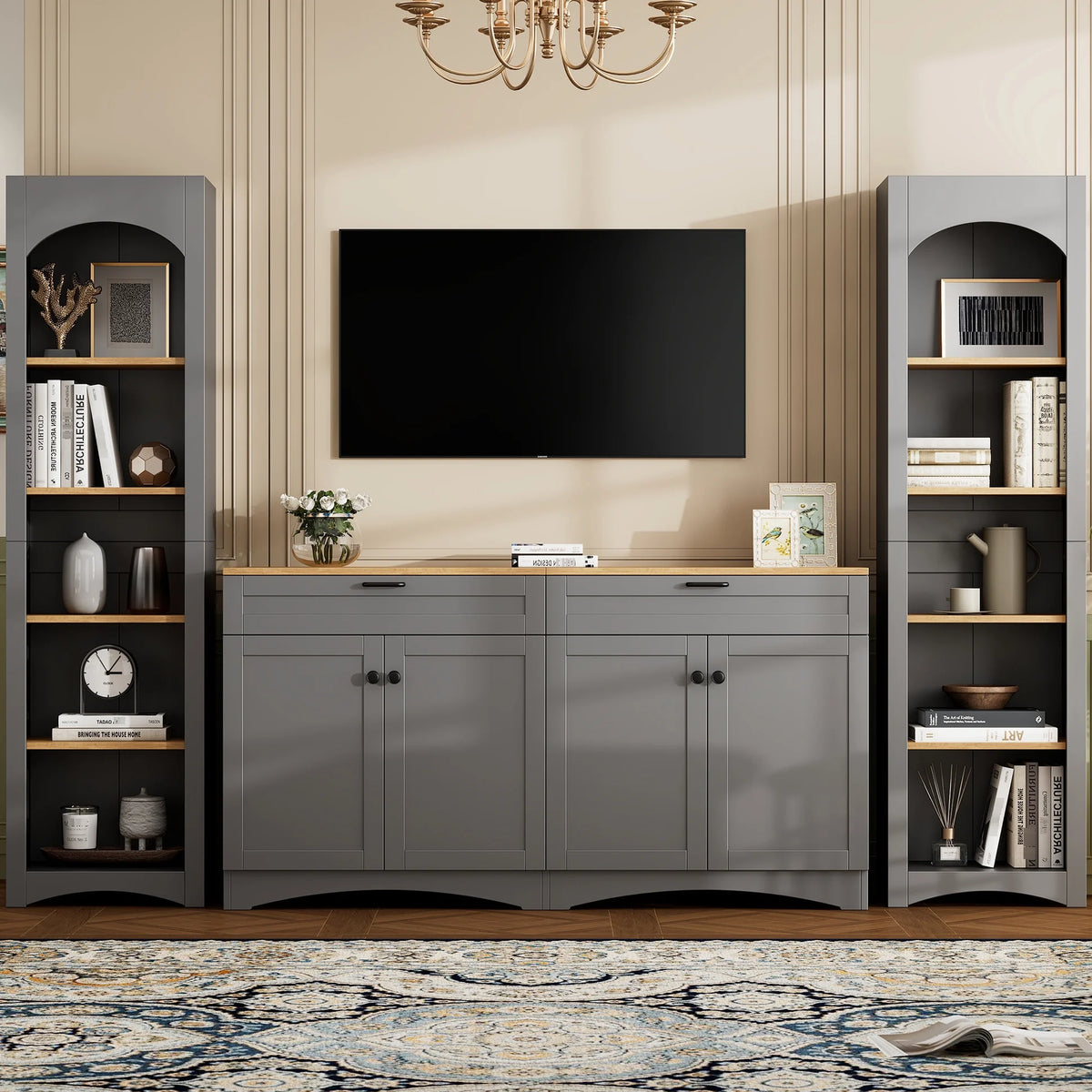 72"h Pantry Pair, 2, Adjustable Shelves, , Black Finish 2 Bookcase, Cabinet with Vintage Style