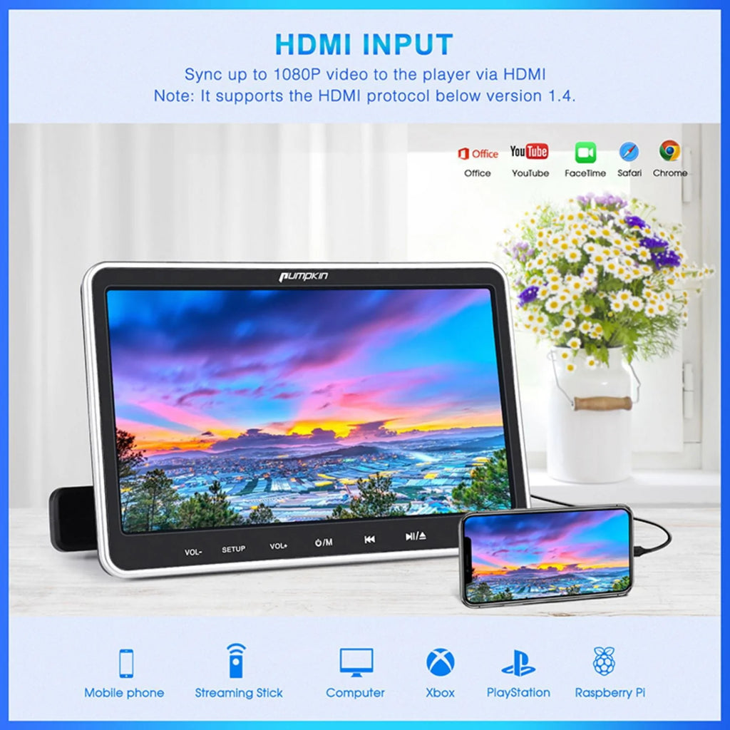 Pumpkin 10.1?dual Headrest DVD Players for Car with Headphones, 2 Mount Brackets HDMI Input Region Free Last Memory