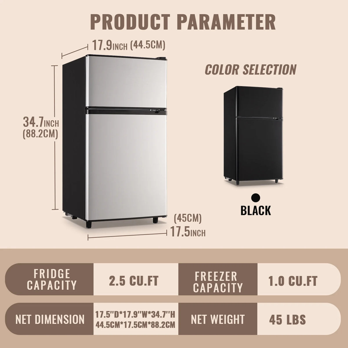WANAI 3.5 Cu.ft Fridge with Freezer 2 Door Compact Refrigerator Adjustable Thermostat Silver New