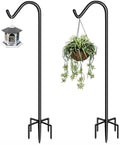 Garbuildman 92 inch Tall Shepherd Hooks with 5-Forked Base, Adjustable Heavy Duty Bird Feeder Pole Stand Hanger for Outdoor, Shiny Black, 2 Pack