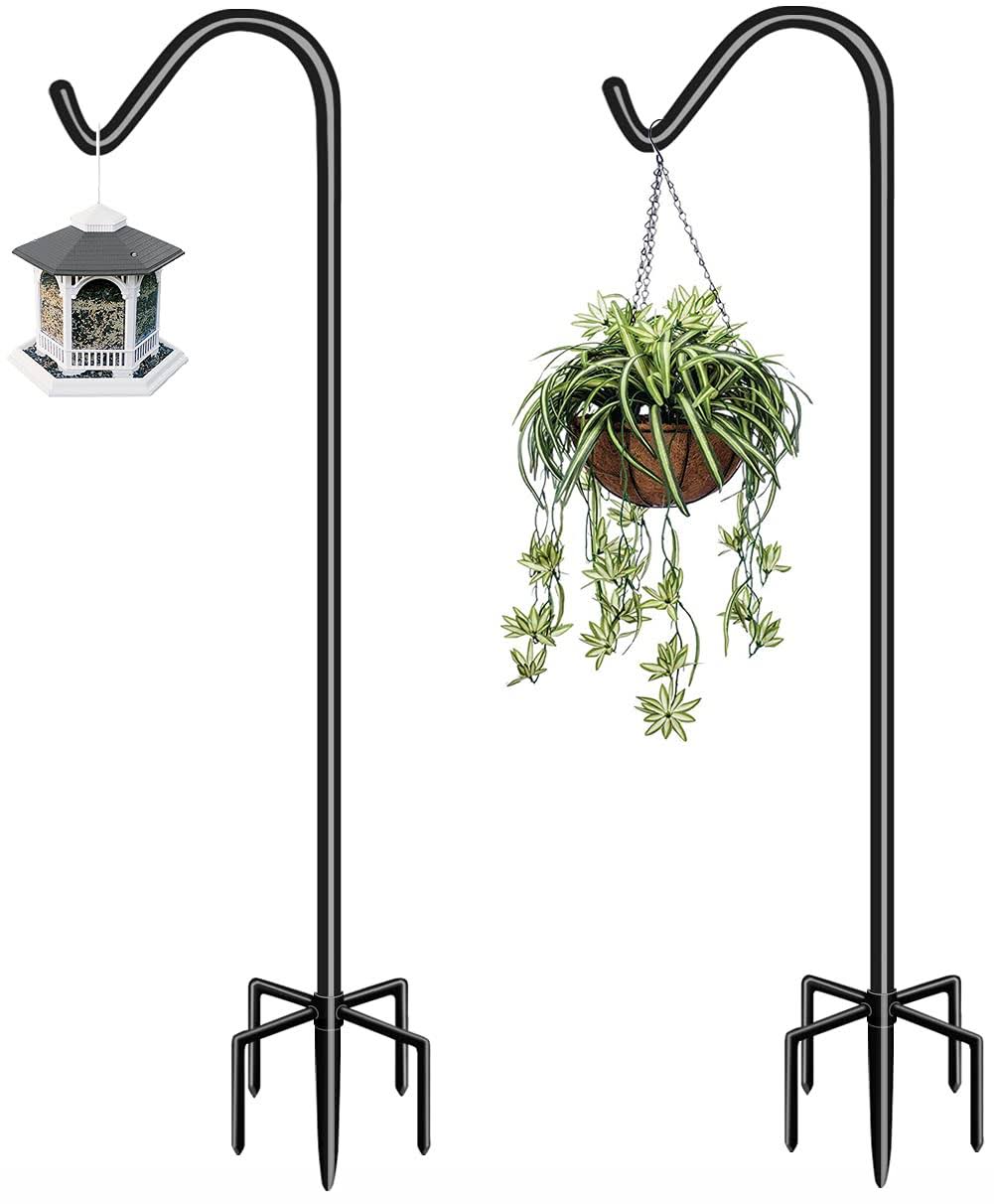 Garbuildman 92 inch Tall Shepherd Hooks with 5-Forked Base, Adjustable Heavy Duty Bird Feeder Pole Stand Hanger for Outdoor, Shiny Black, 2 Pack