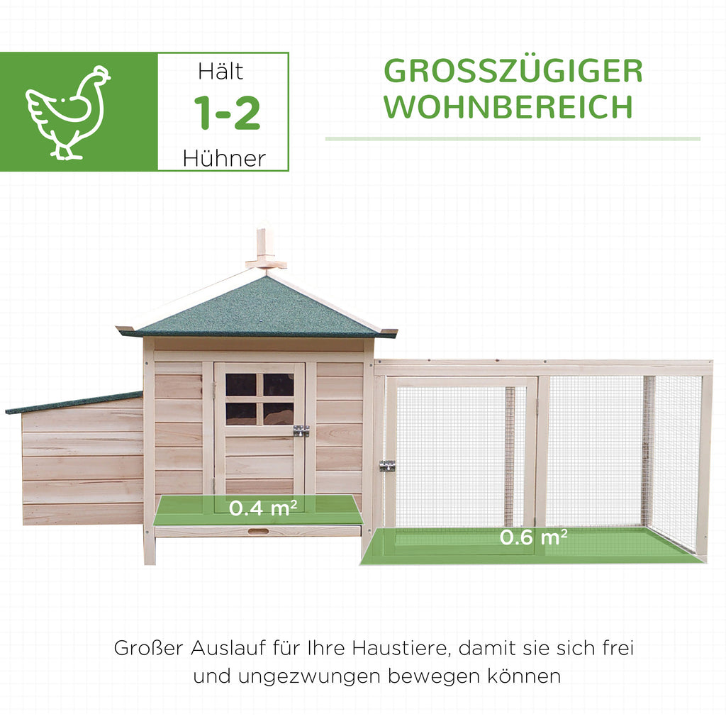 PawHut Hühnerstall für Zwerghühner 196 x 76 x 97 cm Hühnerhaus mit Nistkasten, Freilaufgehege Sitzstange, Kleintierstall aus Holz, Natur