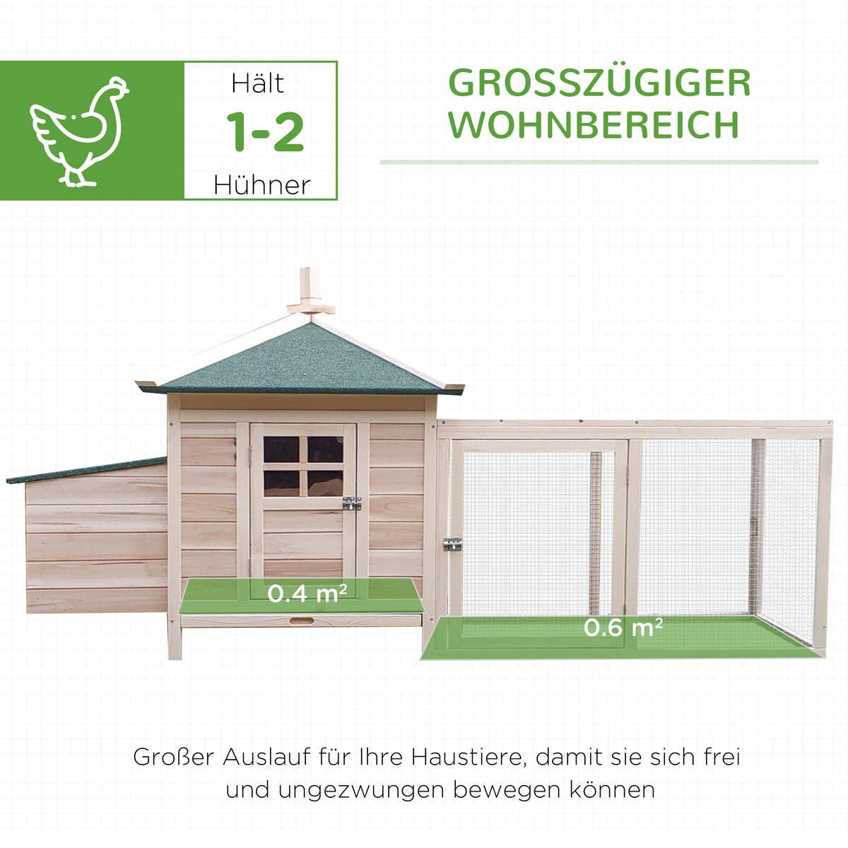 PawHut Hühnerstall für Zwerghühner 196 x 76 x 97 cm Hühnerhaus mit Nistkasten, Freilaufgehege Sitzstange, Kleintierstall aus Holz, Natur