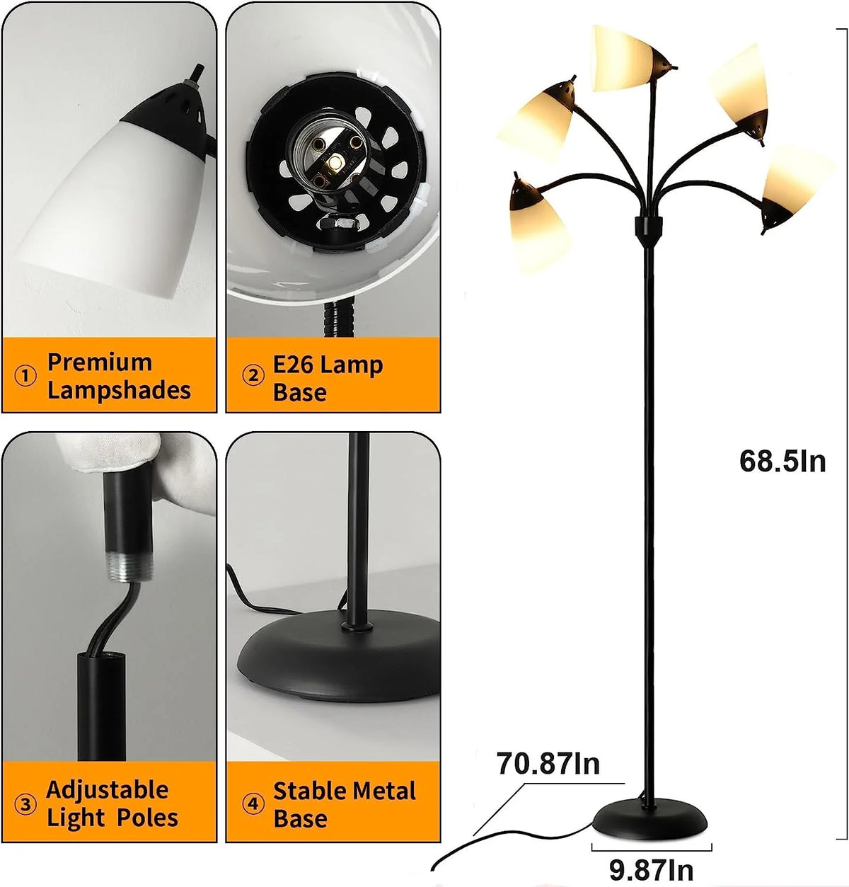 DINGLILIGHTING Floor Lamp Tall for Room: Flexible Gooseneck Floor Lamps Standing for Bedroom Home Office - Modern Floor Lights 5 - Light