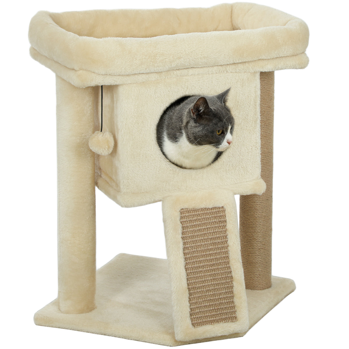 PawHut Kratzbaum mit Jute-Kratzmatte, Liegeplattform, Spielball, Katzenhaus, Beige, 40 x 40 x 57 cm
