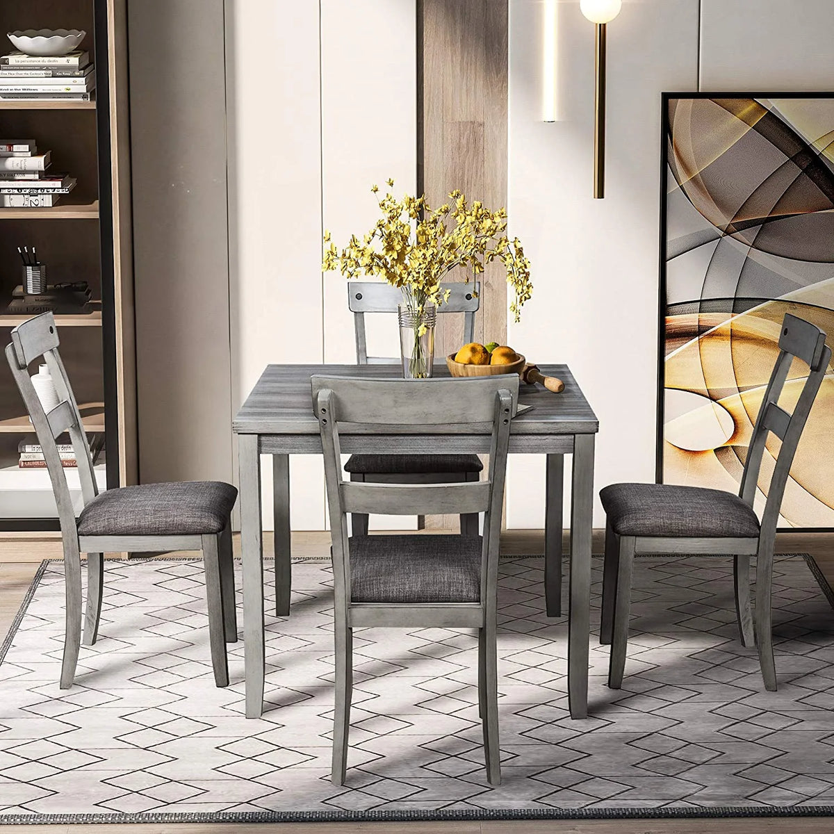 Harper & Bright Designs 5 Pieces Wooden Round Dining Table and Chair Set with Special - Shaped Legs and an Exquisitely Designed Hollow Chair Back for Dining Room