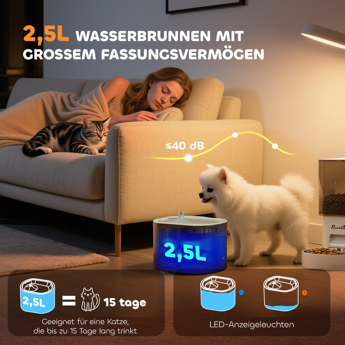 PawHut Automatischer Futterspender und 2,5 L Wasserspender für kleine Hunde, Katzen Weiß