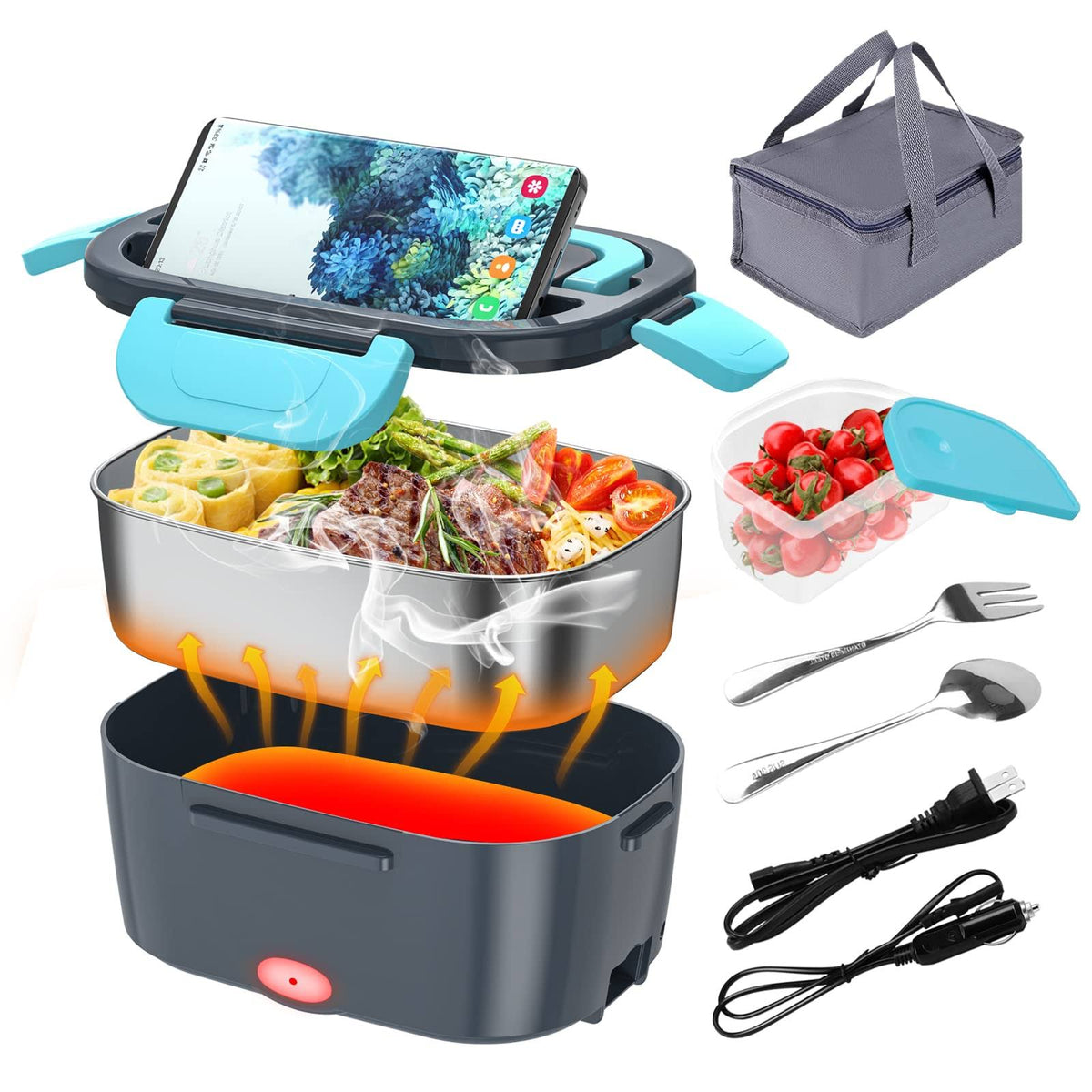CHARMDOO Electric Lunch Box 60W Food Warmer Heater 12V 24V 110V Faster Heated Lunch Box for Car/Truck/Home Portable Heating Boxes with 1.5L 304 SS