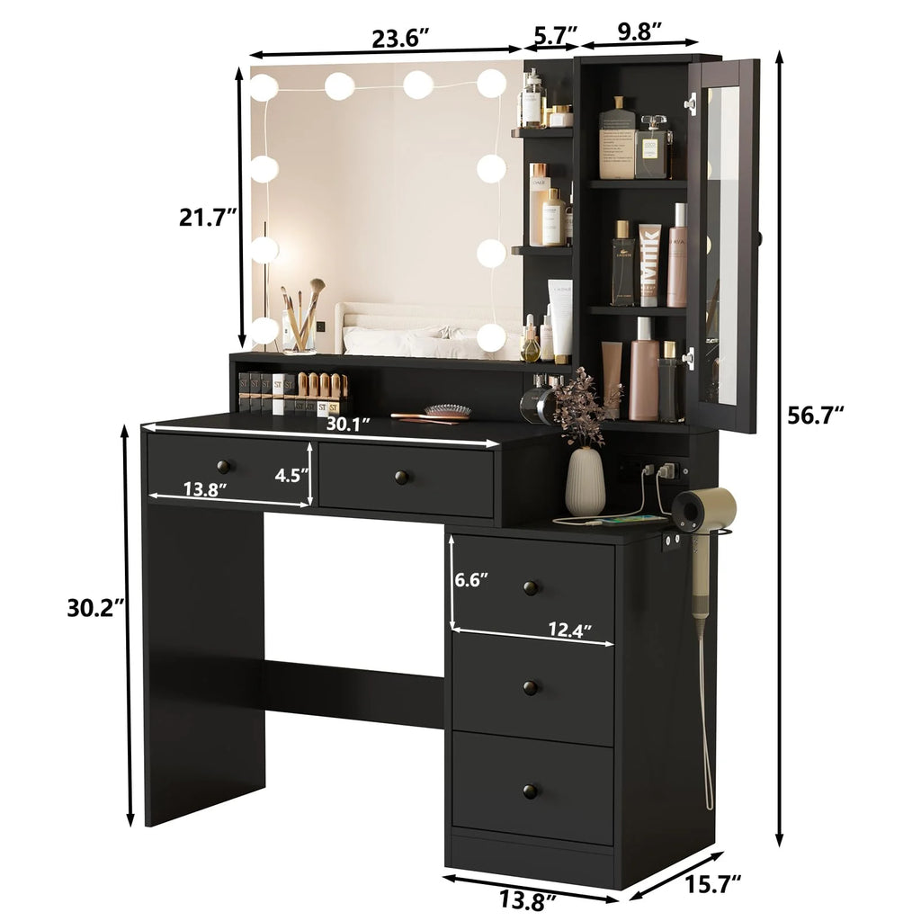 VEANERWOOD Makeup Vanity Desk with Lighted Mirror and Power Strip, Modern Vanity Table with 5 Drawers, White