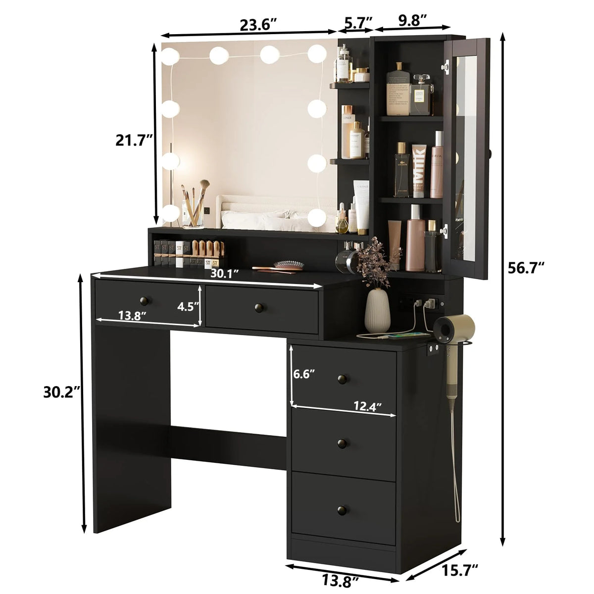 VEANERWOOD Makeup Vanity Desk with Lighted Mirror and Power Strip, Modern Vanity Table with 5 Drawers, White