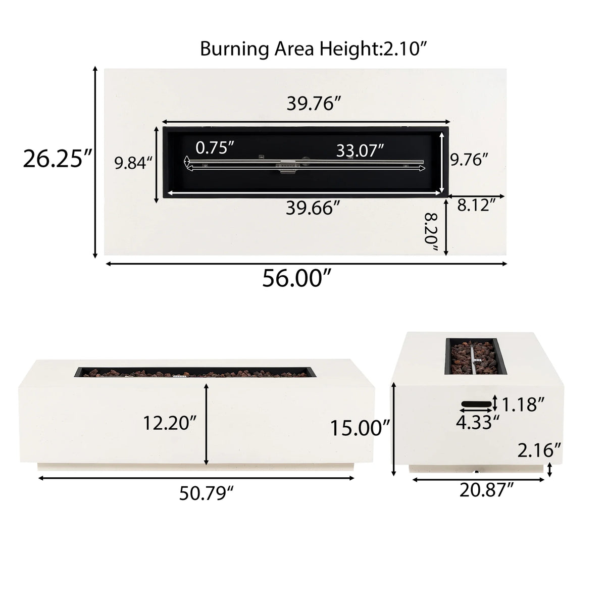 Christopher Knight Home Modern Outdoor 56" Rectangular Propane Fire Pit, 50, 000 BTU, White MGO, (No Tank Cover)