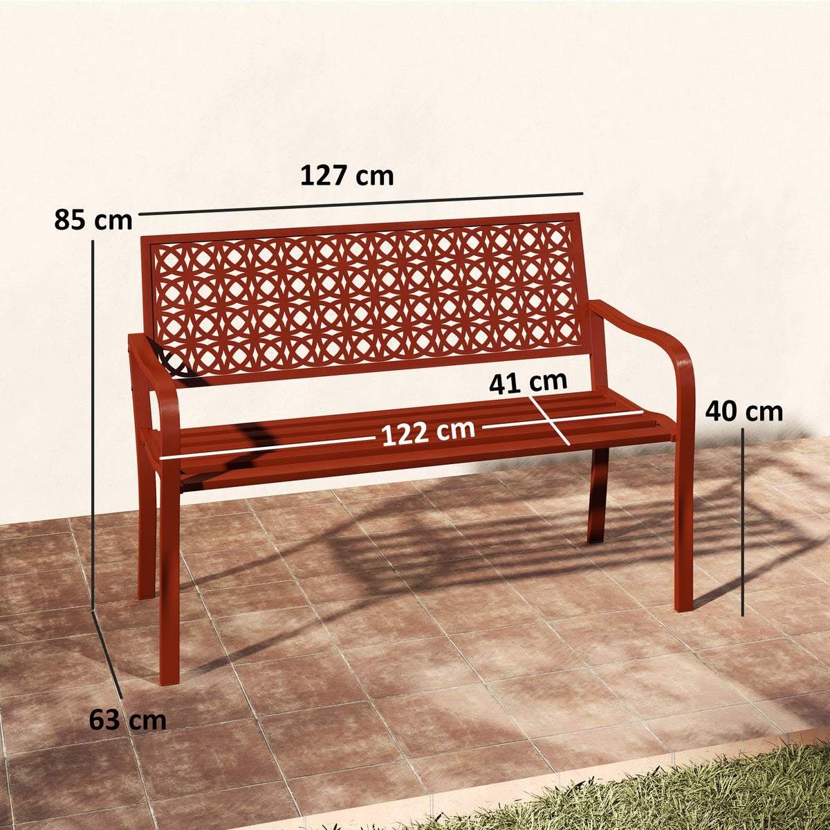 Outsunny Außenbank, Gartenbank aus Stahl, Ausgeschnittene Rückenlehne, Armlehnen, für 2 Personen, Rot