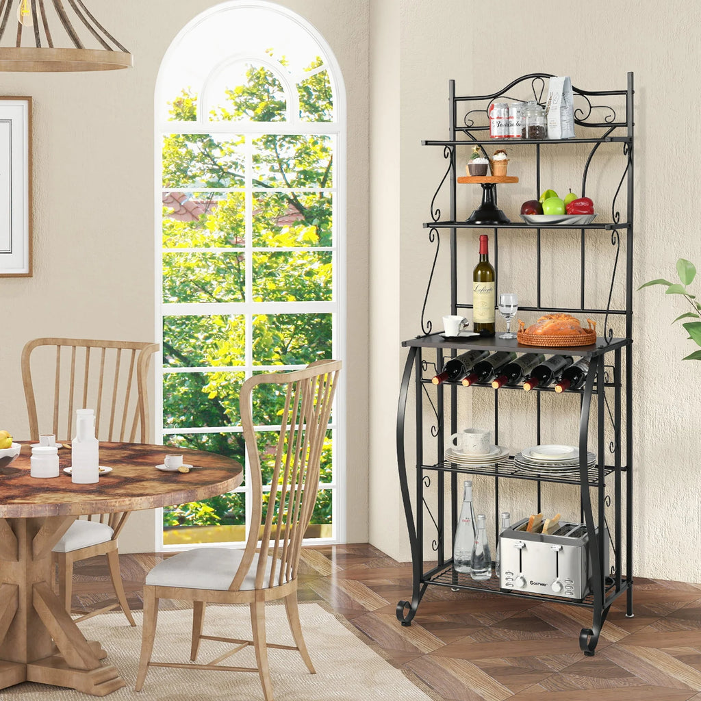 Costway 5 - Tier Metal Kitchen Bakers Rack Microwave Storage Rack Oven Stand with Wine Organizer