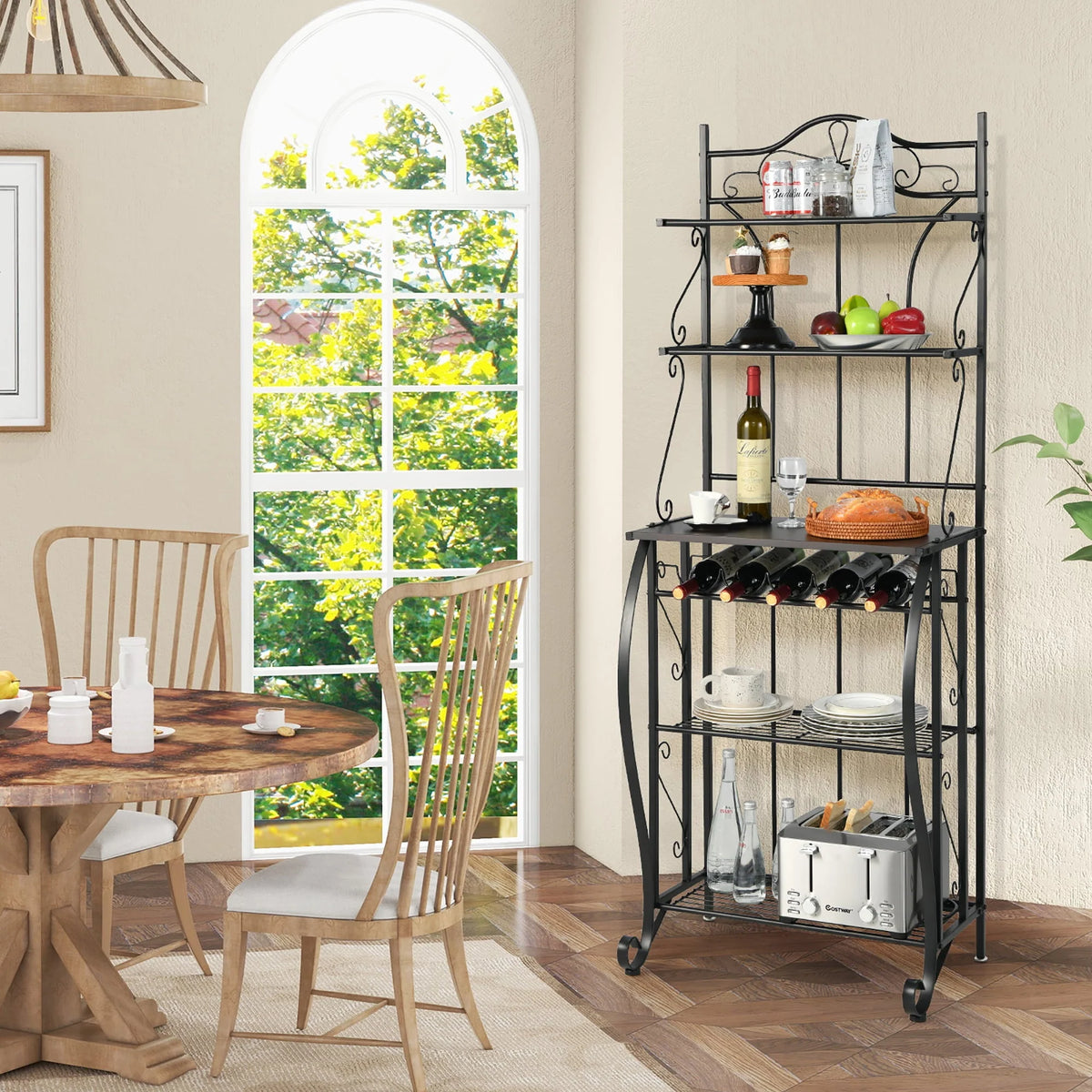 Costway 5 - Tier Metal Kitchen Bakers Rack Microwave Storage Rack Oven Stand with Wine Organizer