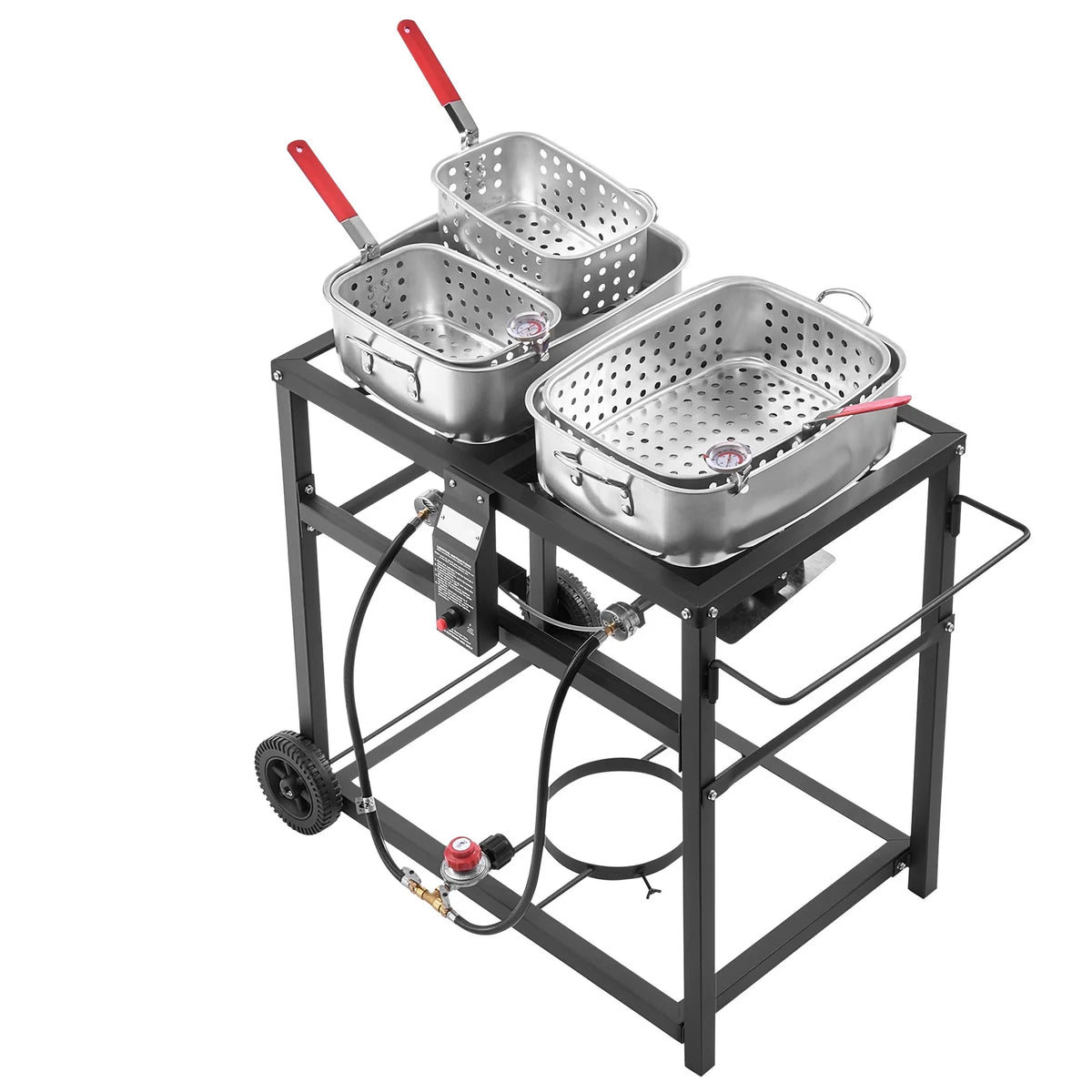 KFFKFF Outdoor Propane Deep Fryer, Dual - Tank 18QT x 2 Commercial Fryer, Portable Frying Cart with Wheels, 3 Baskets, 2 Thermometers, Stainless Steel Cooker for Fish, Wings, and Fries, 40, 000 BTU