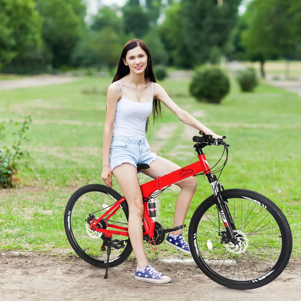 Ambifirner 26 in Folding Mountain Bike Under 250$ Men Mountain Bike 21 Speed, High Carbon Steel, Disc Brake Folding Bikes for Adults/Men/Women Red