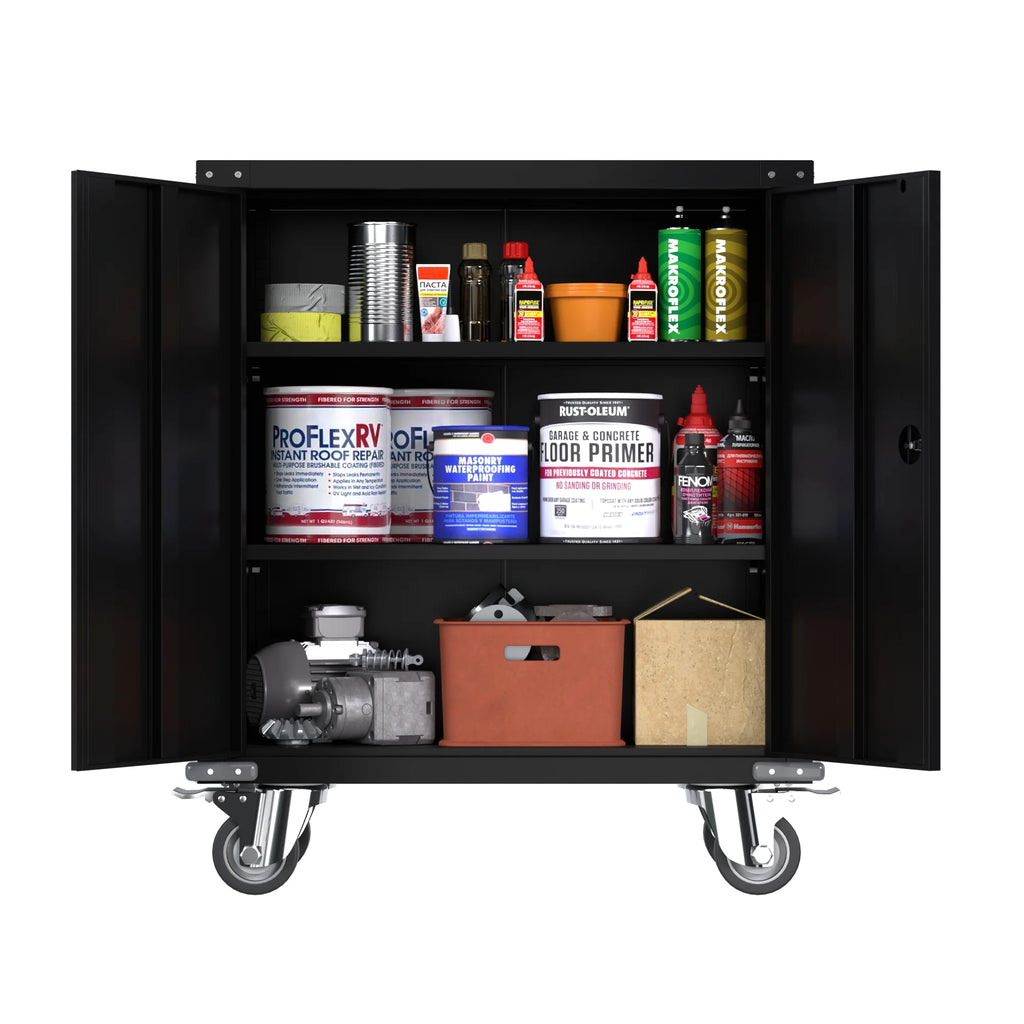 Aobabo Metal Storage Cabinet with Lock, Garage Storage Cabinet with Wheels, 72in Steel Storage Cabinet for Garage Home Storage, Black Required - Assembly