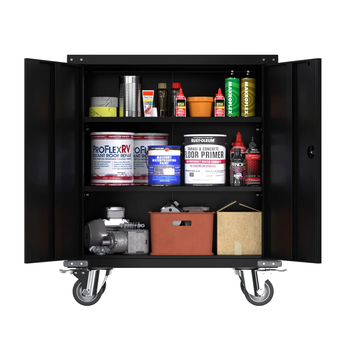 Aobabo Metal Storage Cabinet with Lock, Garage Storage Cabinet with Wheels, 72in Steel Storage Cabinet for Garage Home Storage, Black Required - Assembly