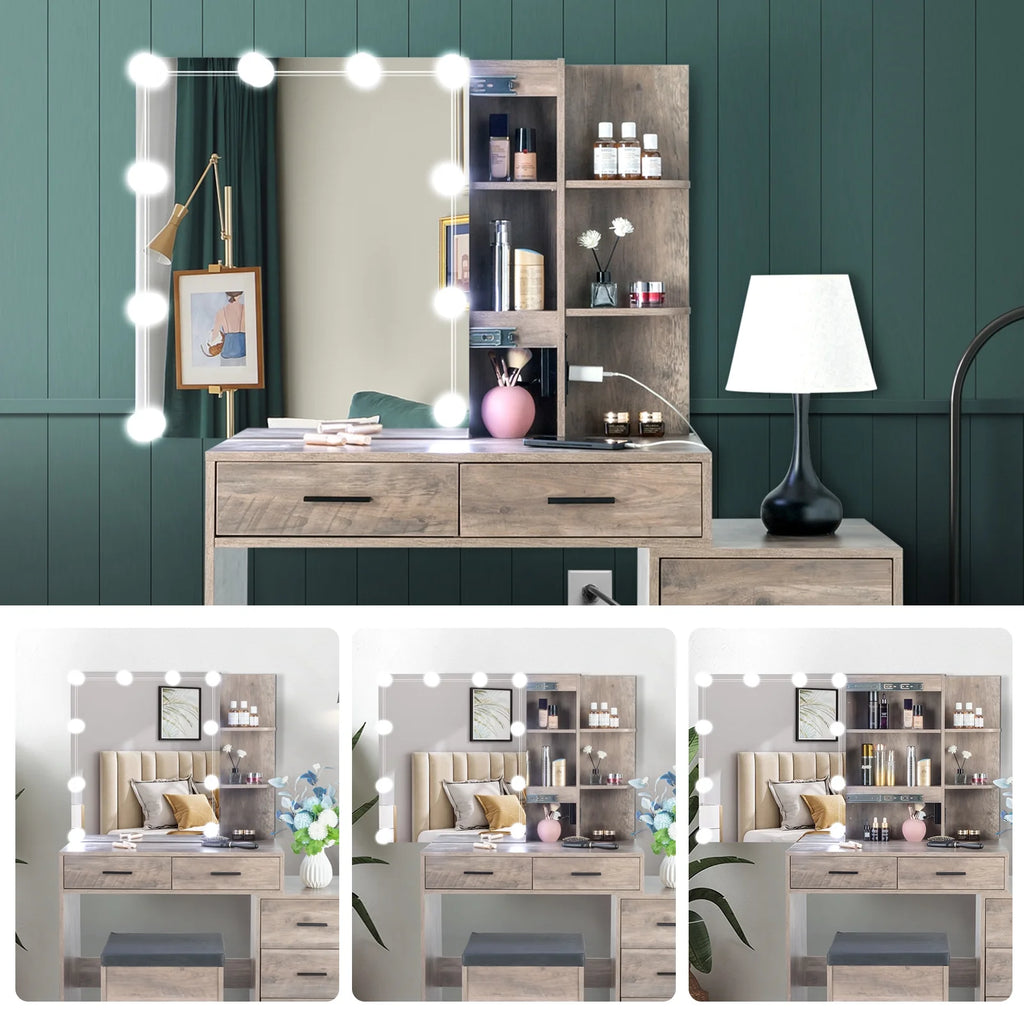 Ktaxon Vanity Set with 3 Color Lighted Mirror & Charging Station, Makeup Table with 3 Storage Shelves & Drawers, Dressing Table Makeup Desk with Stool, Retro Gray