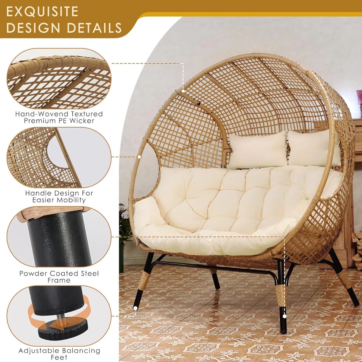 RADIATA 440 lb Outdoor Egg Chair with Foot Rest & Ottoman, Wicker Patio Egg Chair for Indoor or Garden, Beige