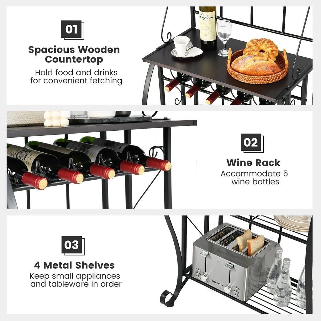 Costway 5 - Tier Metal Kitchen Bakers Rack Microwave Storage Rack Oven Stand with Wine Organizer