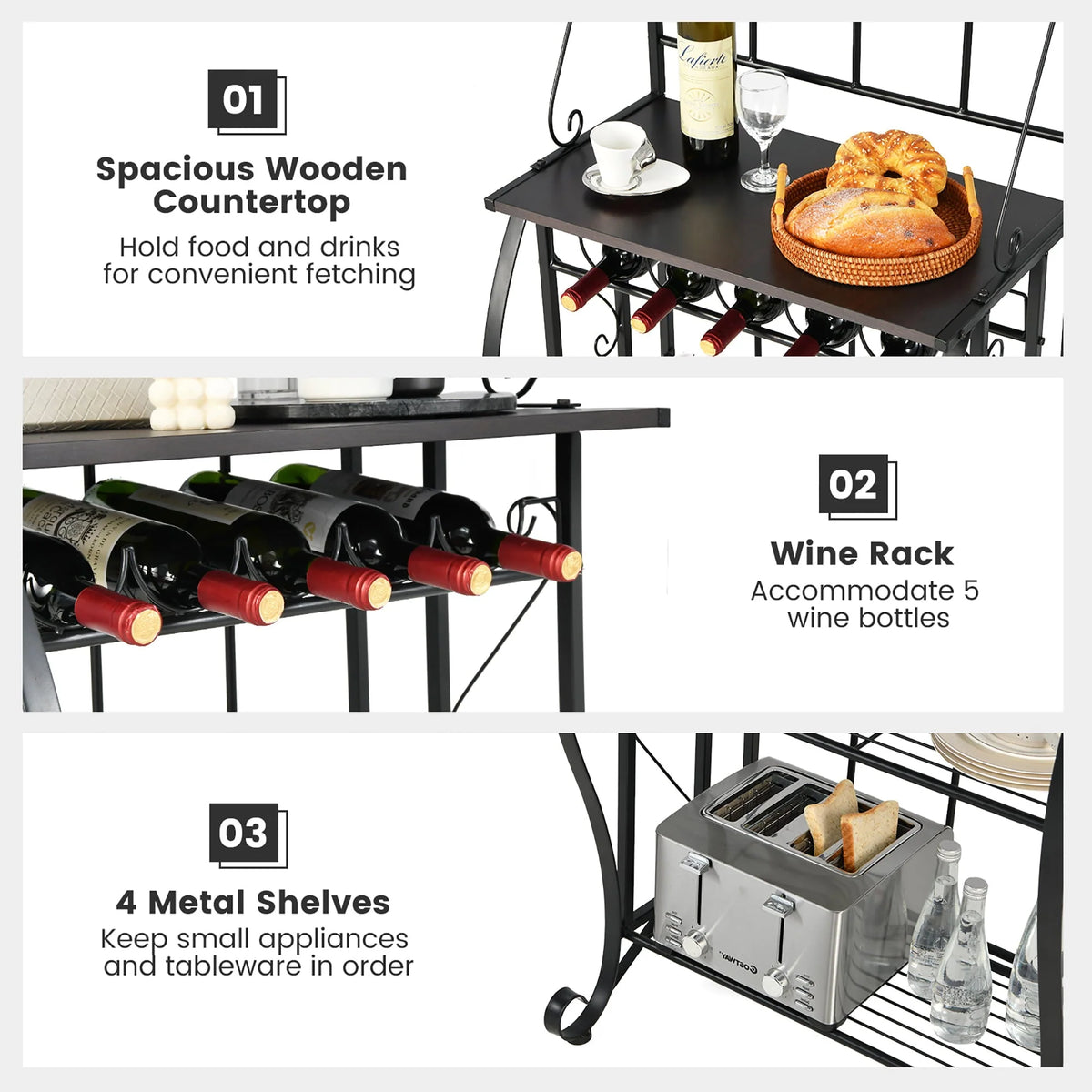 Costway 5 - Tier Metal Kitchen Bakers Rack Microwave Storage Rack Oven Stand with Wine Organizer