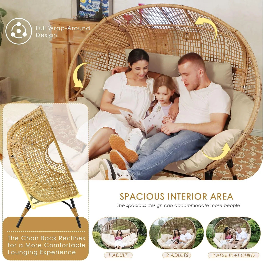 RADIATA 440 lb Outdoor Egg Chair with Foot Rest & Ottoman, Wicker Patio Egg Chair for Indoor or Garden, Beige
