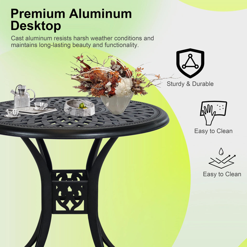 30.3 in Round Patio Table Cast Aluminum Patio Table, Metal Patio Dining Table with Umbrella Hole, All-Weather Outdoor Bistro Dining Table for Backyard, Garden, Balcony, Black