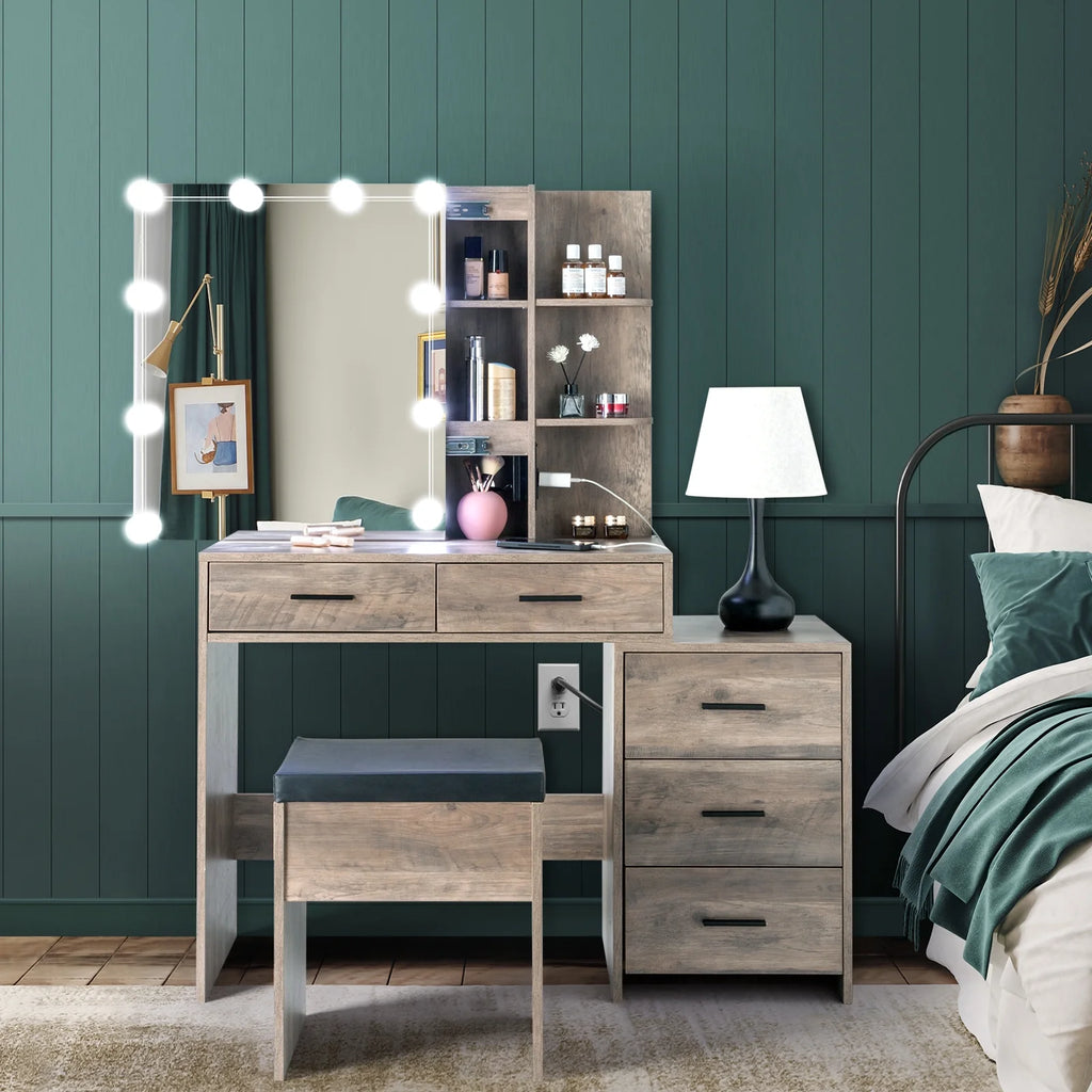 Ktaxon Vanity Set with 3 Color Lighted Mirror & Charging Station, Makeup Table with 3 Storage Shelves & Drawers, Dressing Table Makeup Desk with Stool, Retro Gray