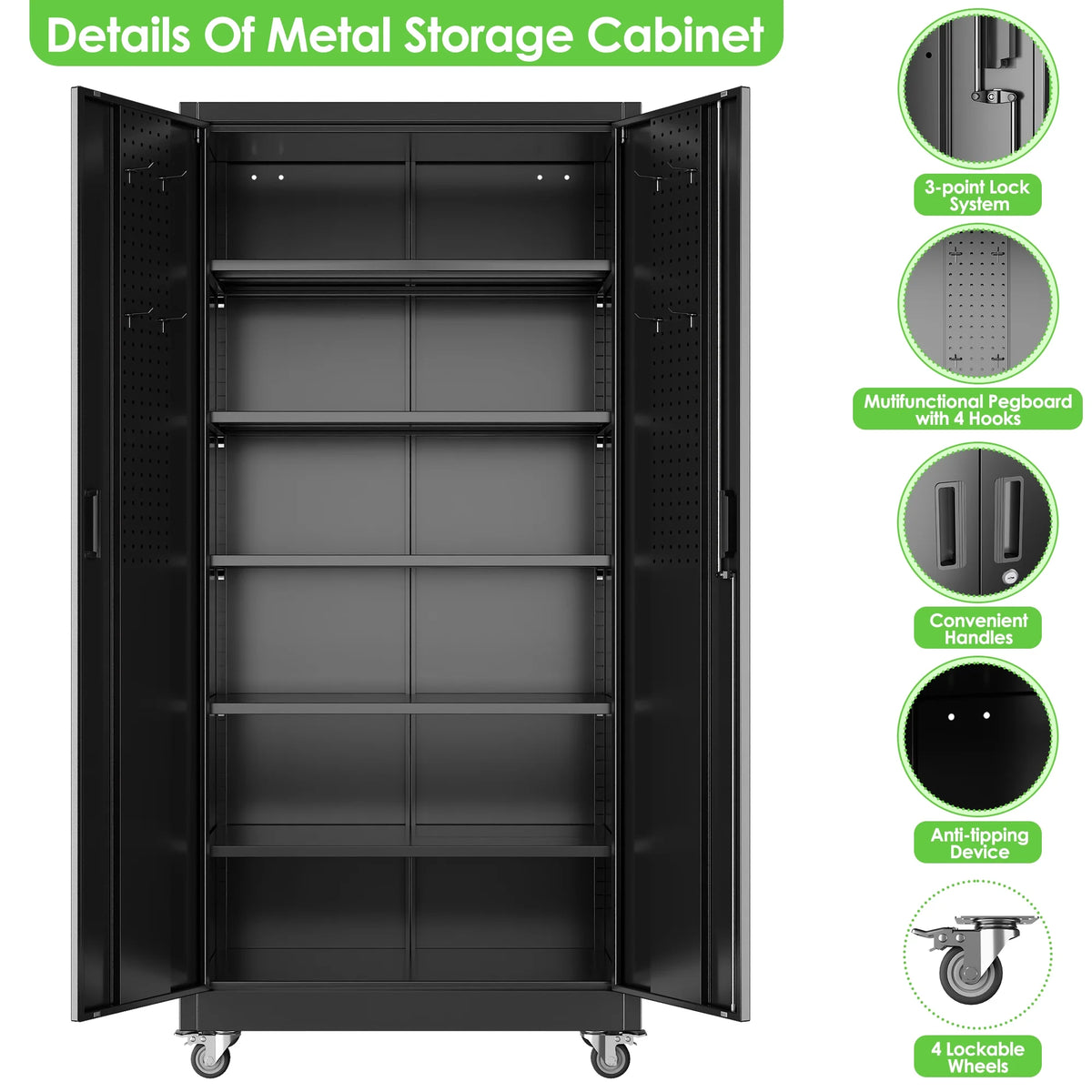 Aobabo Metal Storage Cabinet with Lock, Garage Storage Cabinet with Wheels, 72in Steel Storage Cabinet for Garage Home Storage, Black Required - Assembly
