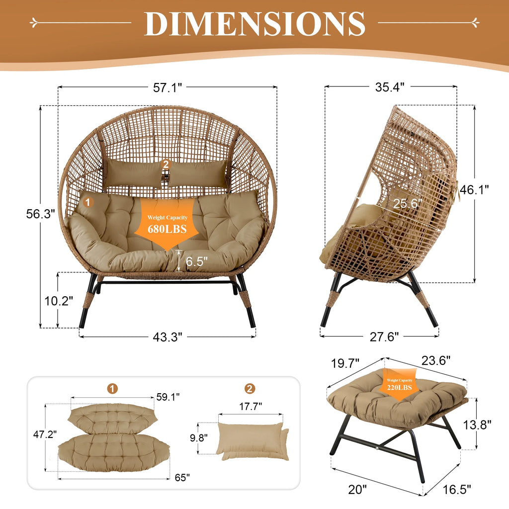 RADIATA 440 lb Outdoor Egg Chair with Foot Rest & Ottoman, Wicker Patio Egg Chair for Indoor or Garden, Beige