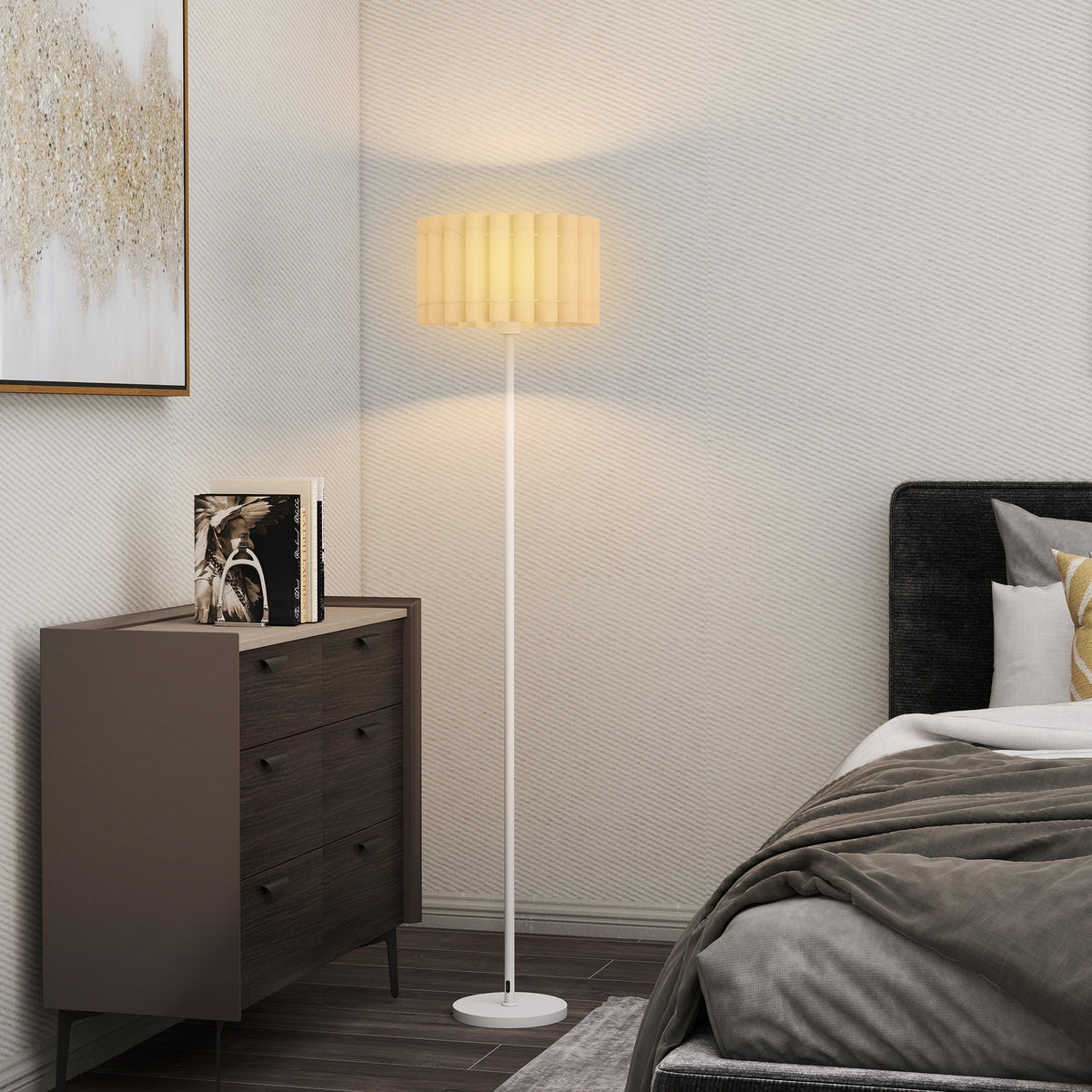 HOMCOM Stehlampe im Retro-Stil, Kunststoff-Lampenschirm, Fußschalter, Metallstab, Weiß