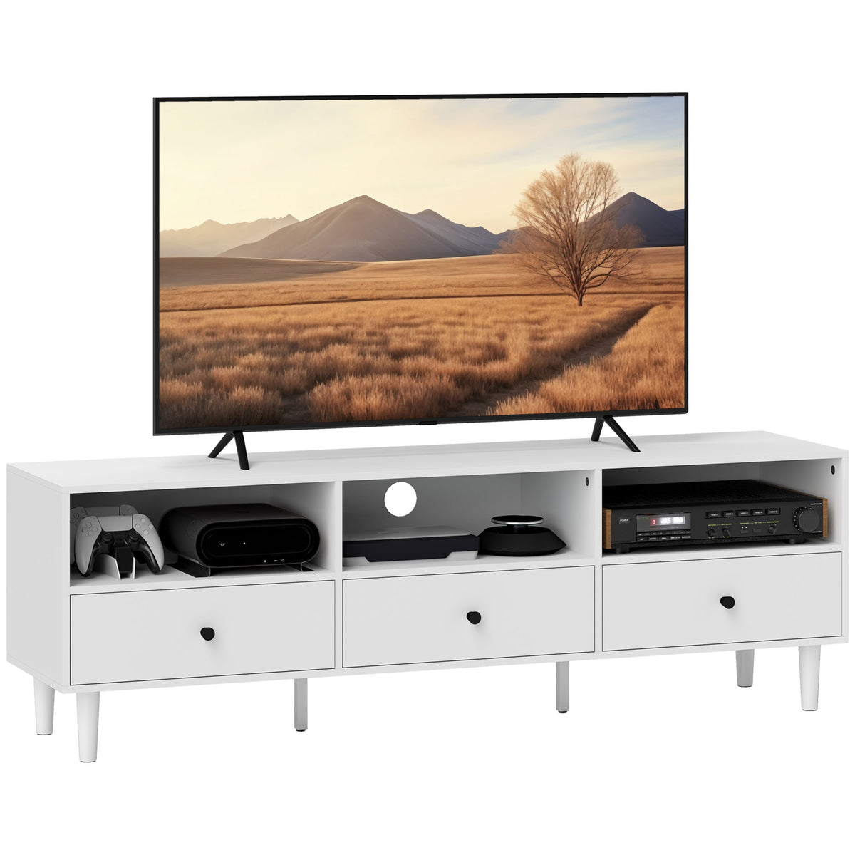 HOMCOM TV-Kommode, TV-Ständer für 75-Zoll-Bildschirme, 3 offene Fächer, 3 Schubladen, Spanplatte, Weiß
