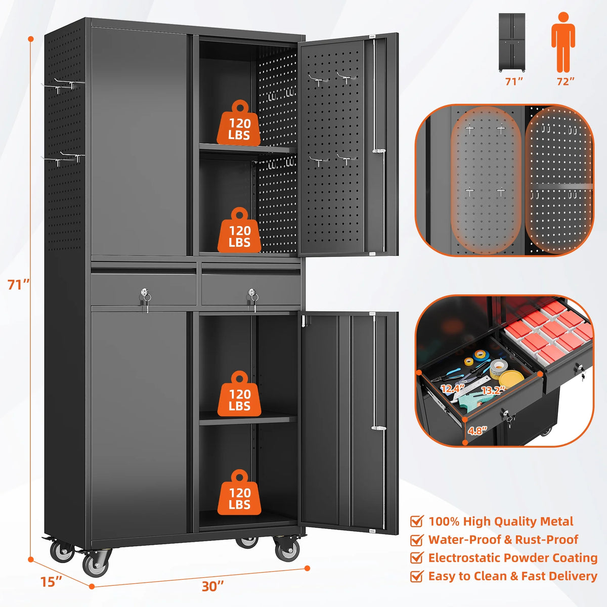 Aobabo Metal Storage Cabinet with Lock, Garage Storage Cabinet with Wheels, 72in Steel Storage Cabinet for Garage Home Storage, Black Required - Assembly